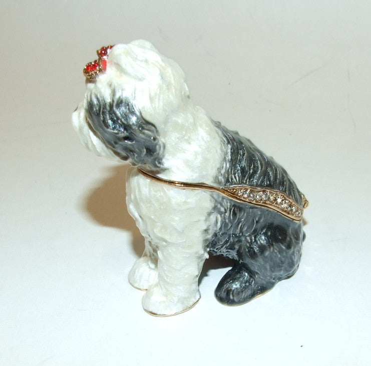 Old English Sheep Dog Enamel Hinged Trinket Box Swarovski Crystal