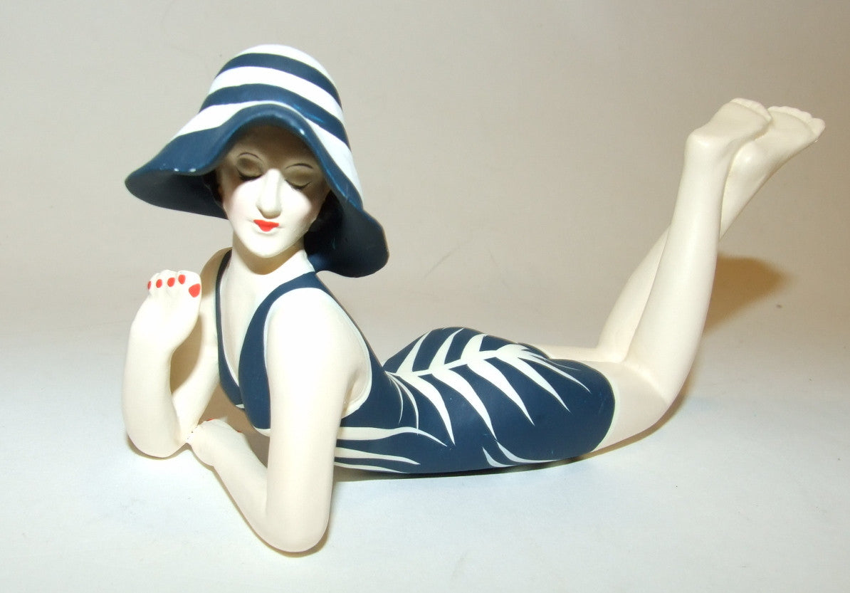 Bathing Beauty Figurine in Navy and popular White Stripe Suit with Knees Up